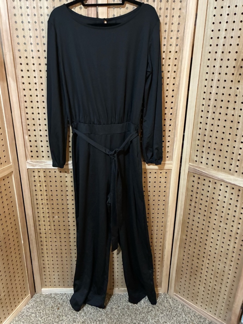 Black Long-Sleeve Jumpsuit with Waist Tie